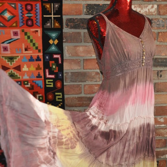 Hippie Sleeveless Tie Dye Tiered Cotton Festival Spaghetti strap. Pull-Over M - Picture 2 of 6